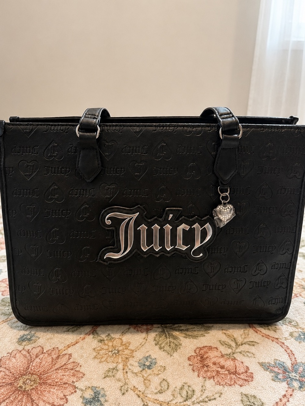 Juicy Couture Black Embossed Logo Tote with Heart Charm